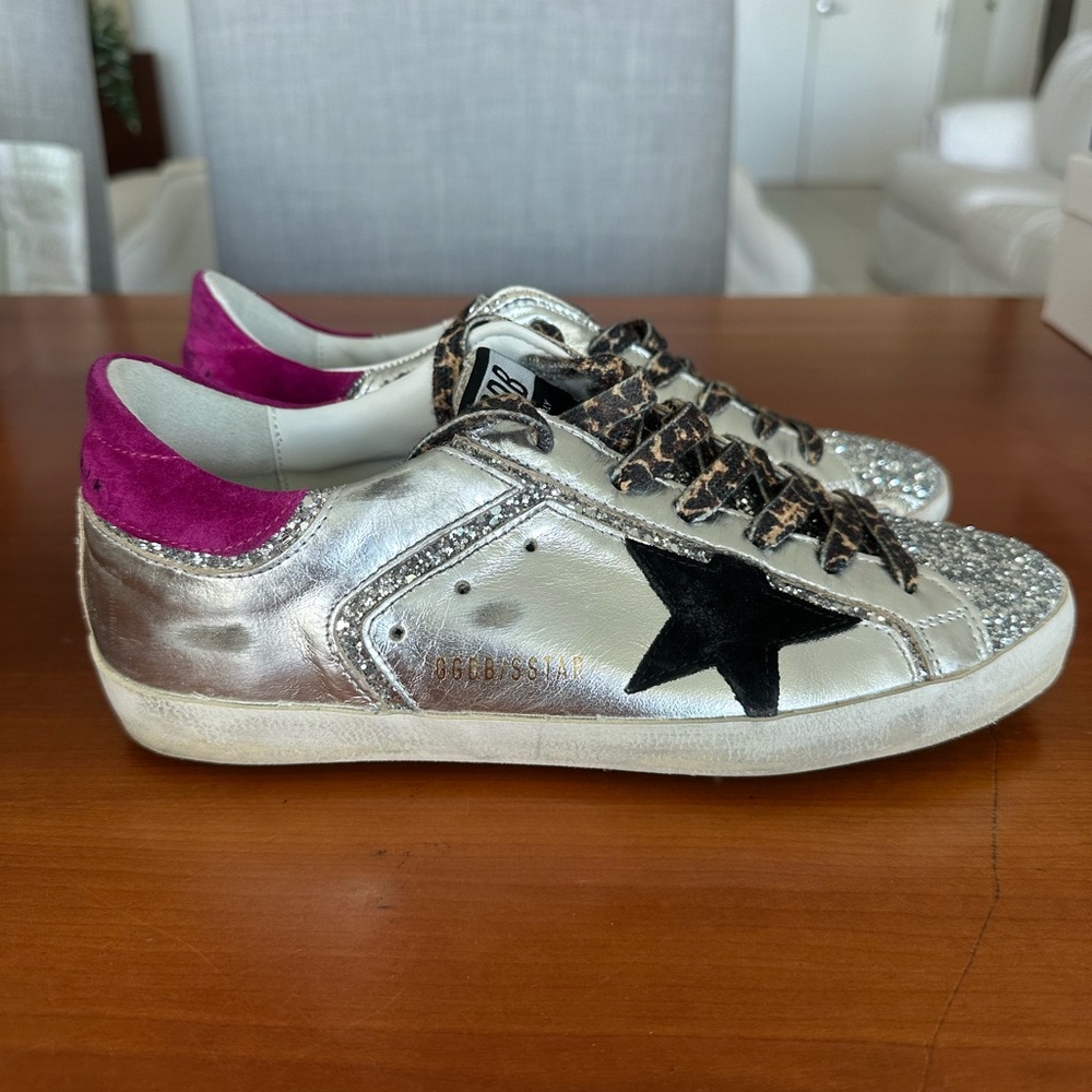 Golden Goose Glitter Silver Sneakers with Black Star